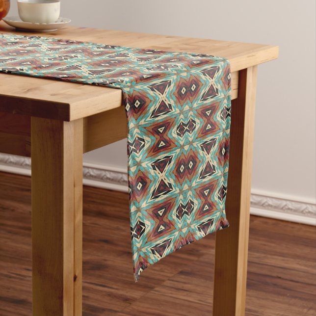 Chemin De Table Moyen Beige Rouge Brown Aqua Bleu Vert Black Tribal Art (In Situ)
