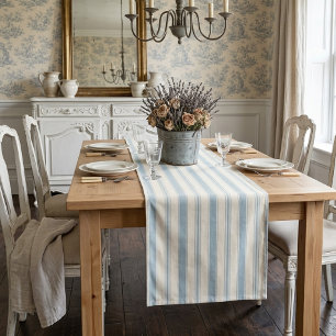 Chemin De Table Moyen Bleu vintage et rayures crème, style campagne fran