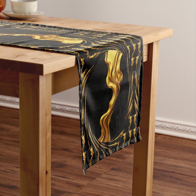 Chemin De Table Moyen Designer Opulent Swirl Liquid Gold Black Monochrom (In Situ)