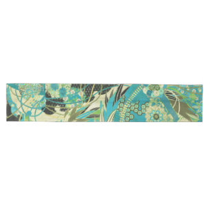 Chemin De Table Moyen FLEURS JAPONAISES ANCIENNES Aqua Blue Green Floral