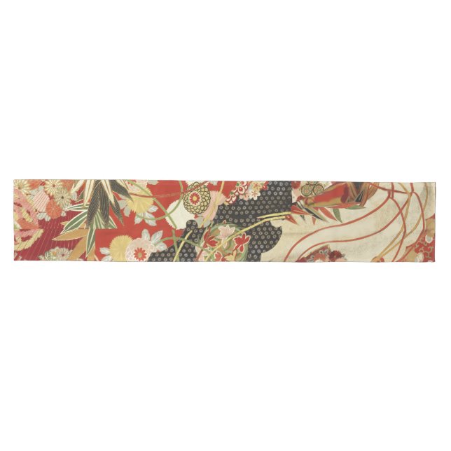 Chemin De Table Moyen FLEURS JAPONAISES ANCIENNES Rouge Vert Noir Floral (Horizontal)