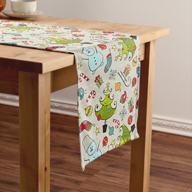 Chemin De Table Moyen Fun Snowman Christmas Tree Sleigh Doodles (In Situ)