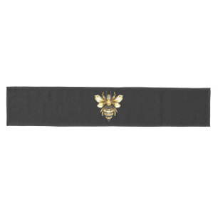 Chemin De Table Moyen Logo Faux Gold Foil Bee Polygonal sur Noir