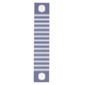 Chemin De Table Moyen Monogrammé Double Rayé | Bleu Nuit