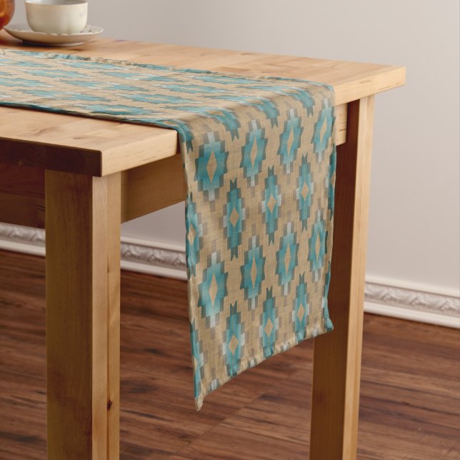 Chemin De Table Moyen Ochre Brown Taupe Turquoise Blue Tribal Art Motif (In Situ)