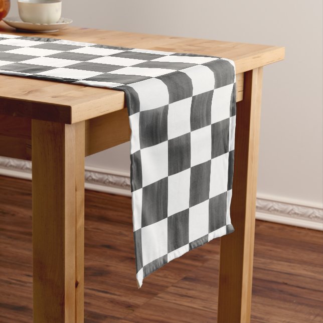Chemin De Table Moyen Painted Black and White Check Checkerboard Pattern (In Situ)