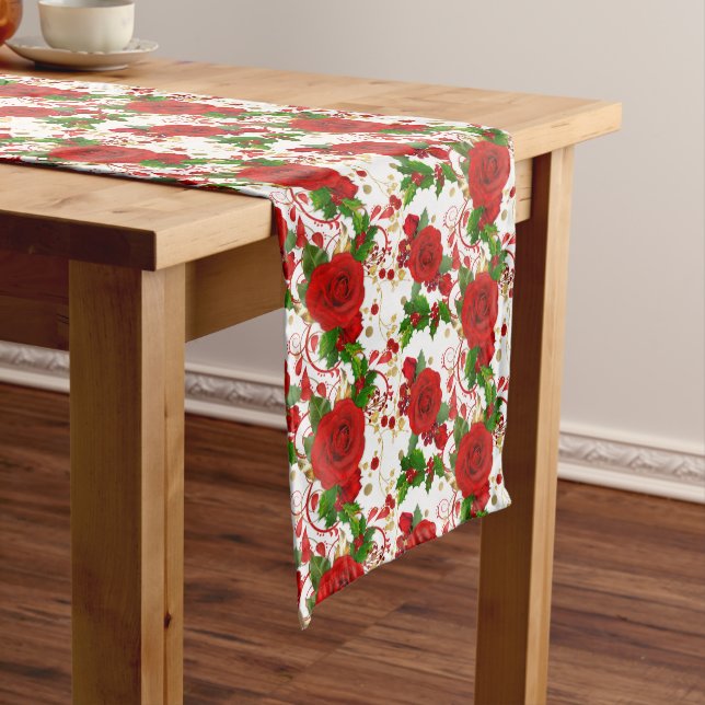 Chemin De Table Moyen Roses rouges d'hiver et Motif holly (In Situ)