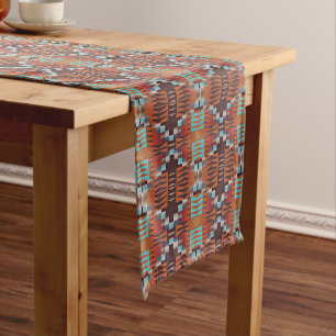 Chemin De Table Moyen Turquoise Blue Rust Orange Rouge Brown Tribal Art