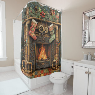 Cheminée de Noël Steampunk rideau de douche