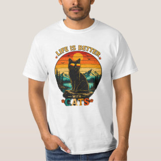 Chemise Chat Coucher de Soleil Rétro, T-Shirt Vint