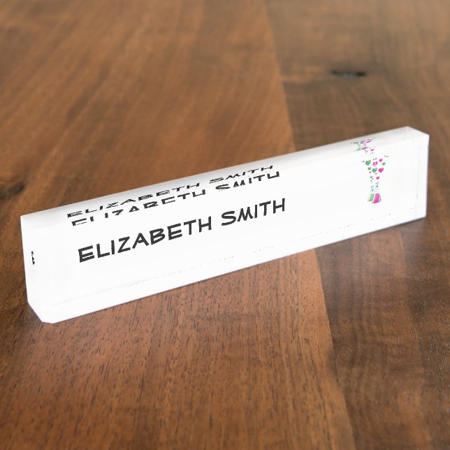 Chemistry Flask, Lab Glassware, Heart - Pink Green Nameplate (Side)