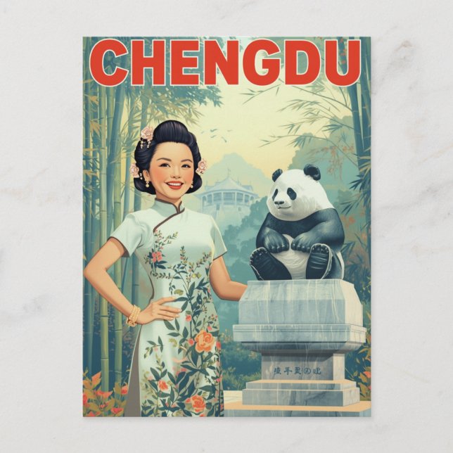 Chengdu China Panda Statue Vintage Travel Postcard (Front)