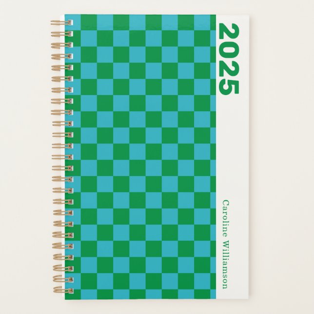 Chequerboard Blue Green Retro Personalized 2025 Planner (Front)