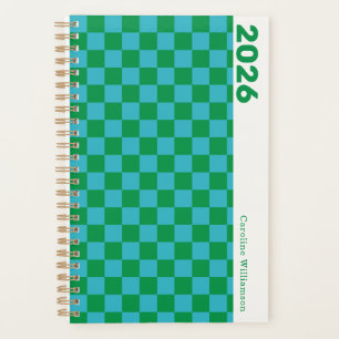 Chequerboard Blue Green Retro Personalized 2026 Planner