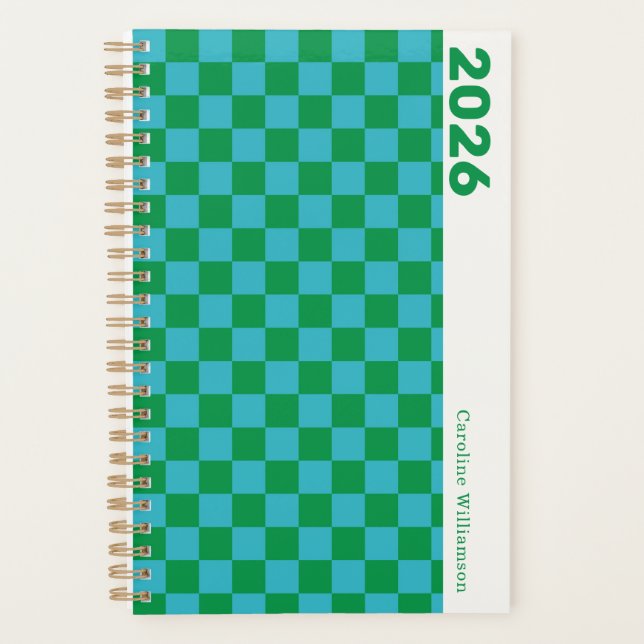Chequerboard Blue Green Retro Personalized 2026 Planner (Front)