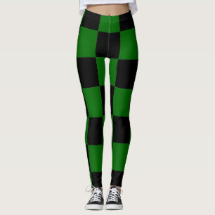Chequerboard ~ Chess ~ Square Design Green & Black Leggings
