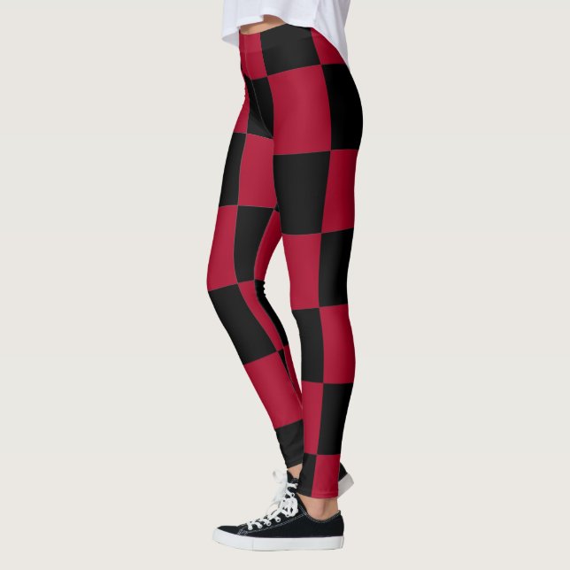 Chequerboard ~ Chess ~ Square Design Red & Black Leggings (Left)
