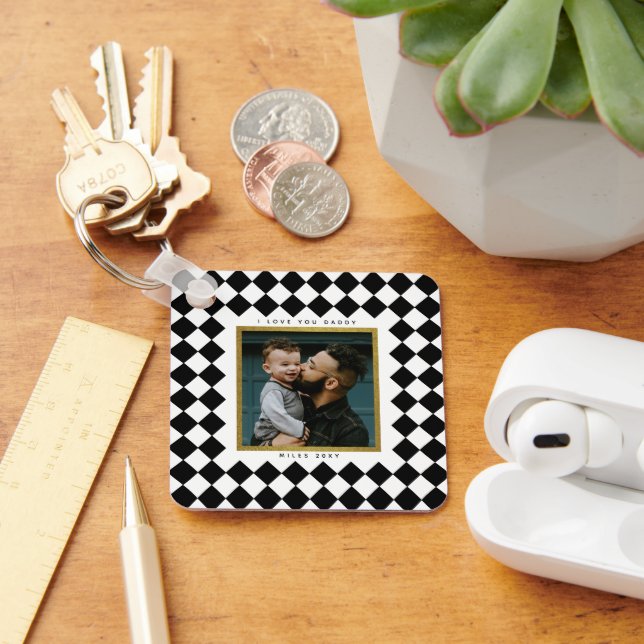 Chequerboard Diamond Border Photo and Info Text Keychain (Desk)