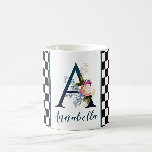 Chequerboard Fancy Floral Monogram Letter A   Coffee Mug (Center)