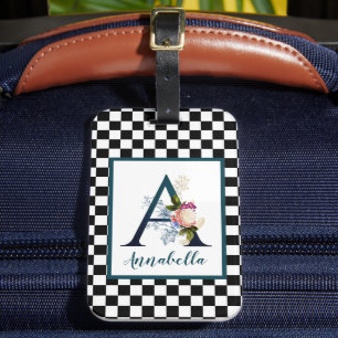 Chequerboard Fancy Floral Monogram Letter A  Luggage Tag