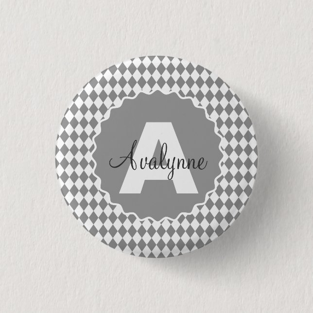 Chequerboard Grayscale with Monogram Name     1 Inch Round Button (Front)