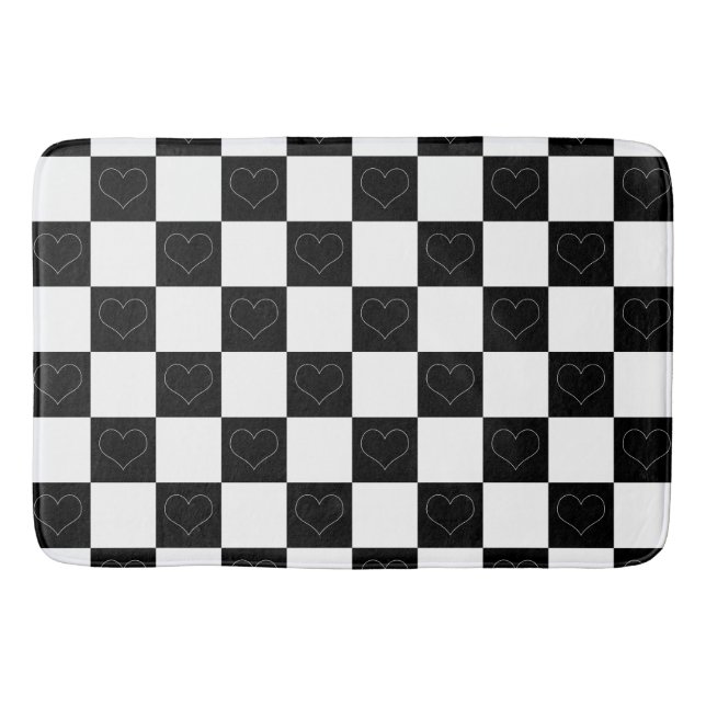 Chequerboard Hearts in Black and White Bath Mat (Front)