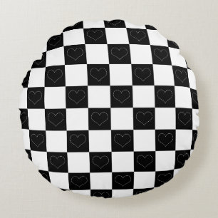 Chequerboard Hearts in Black and White Round Pillow