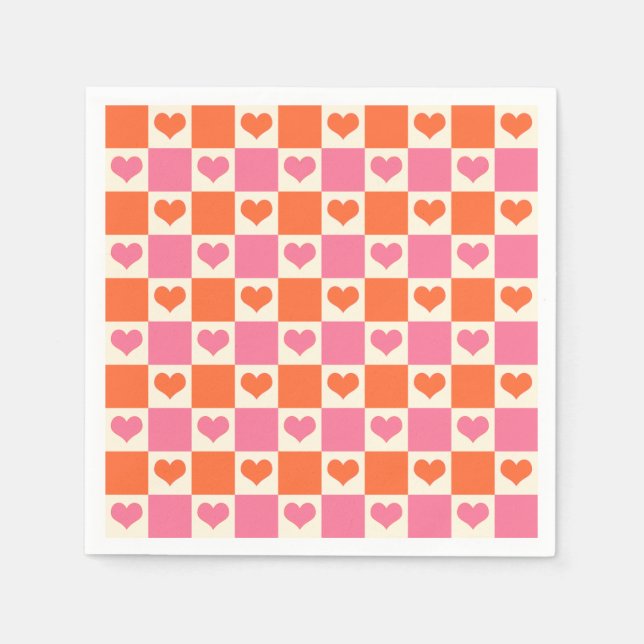Chequerboard Hearts in Pink, Orange, and Cream Napkin (Front)