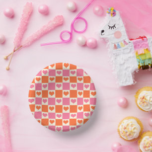 Chequerboard Hearts in Pink, Orange, and Cream Paper Plate