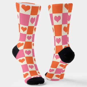 Chequerboard Hearts in Pink, Orange, and Cream Socks