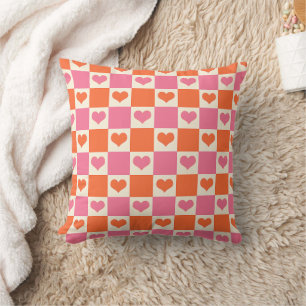 Chequerboard Hearts in Pink, Orange, and Cream Throw Pillow
