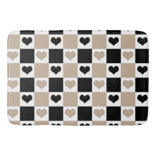 Chequerboard Hearts in Taupe, Black, and White Bath Mat