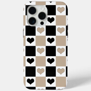Chequerboard Hearts in Taupe, Black, and White iPhone 15 Pro Max Case
