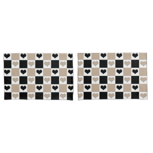 Chequerboard Hearts in Taupe, Black, and White Pillowcase