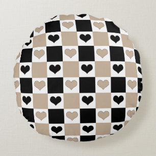 Chequerboard Hearts in Taupe, Black, and White Round Pillow