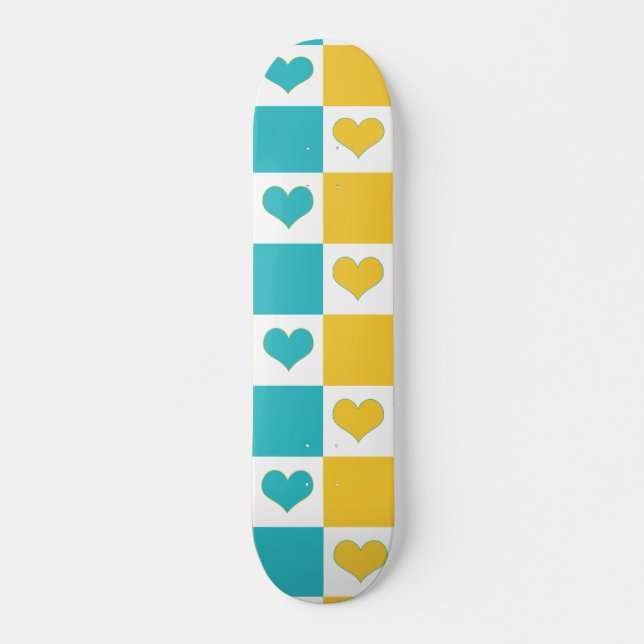 Chequerboard Hearts in Turquoise and Yellow Skateboard (Front)