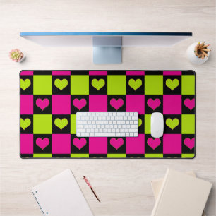 Chequerboard Hearts - Lime Green, Hot Pink & Black Desk Mat