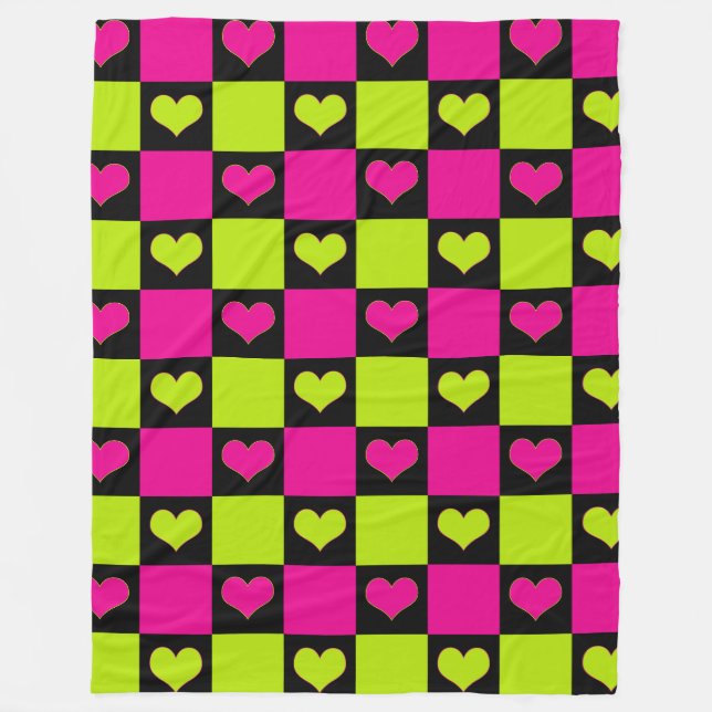 Chequerboard Hearts - Lime Green, Hot Pink & Black Fleece Blanket (Front)