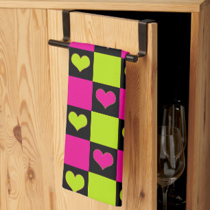 Chequerboard Hearts - Lime Green, Hot Pink & Black Kitchen Towel