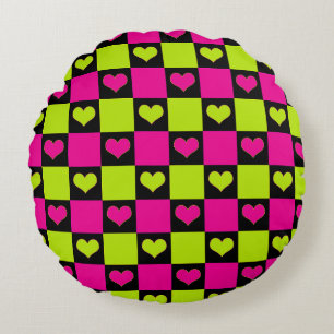 Chequerboard Hearts - Lime Green, Hot Pink & Black Round Pillow