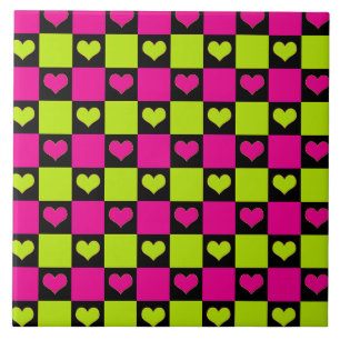 Chequerboard Hearts - Lime Green, Hot Pink & Black Tile