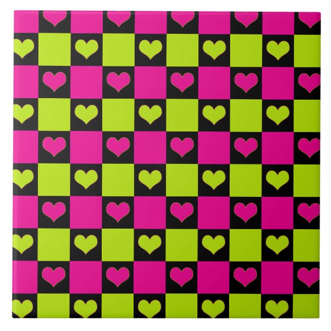 Chequerboard Hearts - Lime Green, Hot Pink & Black Tile (Front)