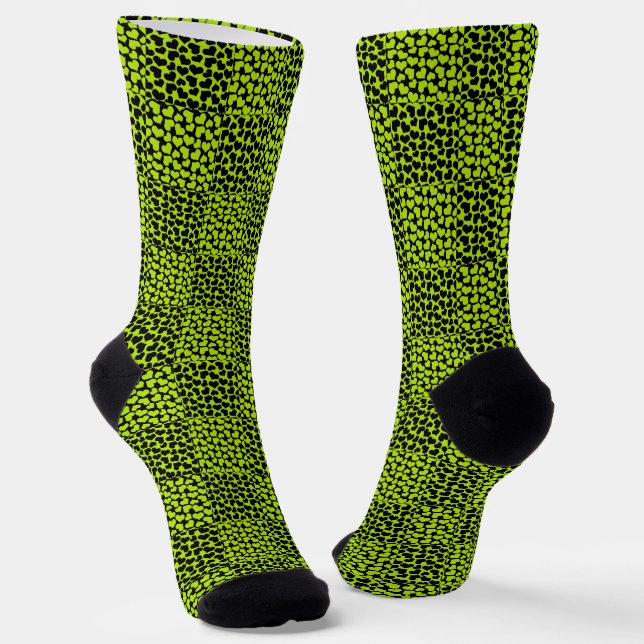 Chequerboard hearts pattern in Lime Green Socks (Angled)