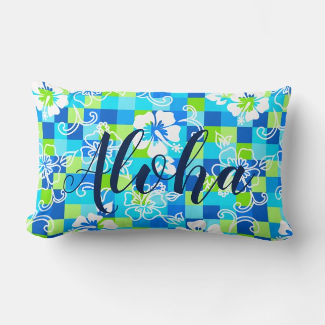 Chequerboard Hibiscus Hawaiian Floral Aloha Lumbar Pillow (Front)