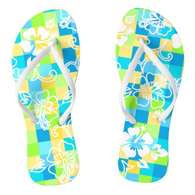 Chequerboard Hibiscus Hawaiian Floral Flip Flops (Footbed)