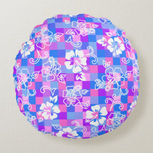 Chequerboard Hibiscus Hawaiian Floral Round Pillow