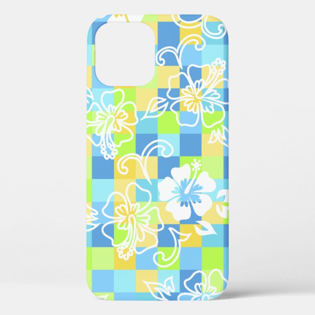 Chequerboard Hibiscus Hawaiian Floral Turq Case-Mate iPhone Case (Back)