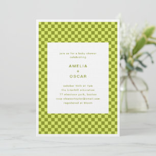 Chequerboard Lime Olive Retro Couples Baby Shower Invitation