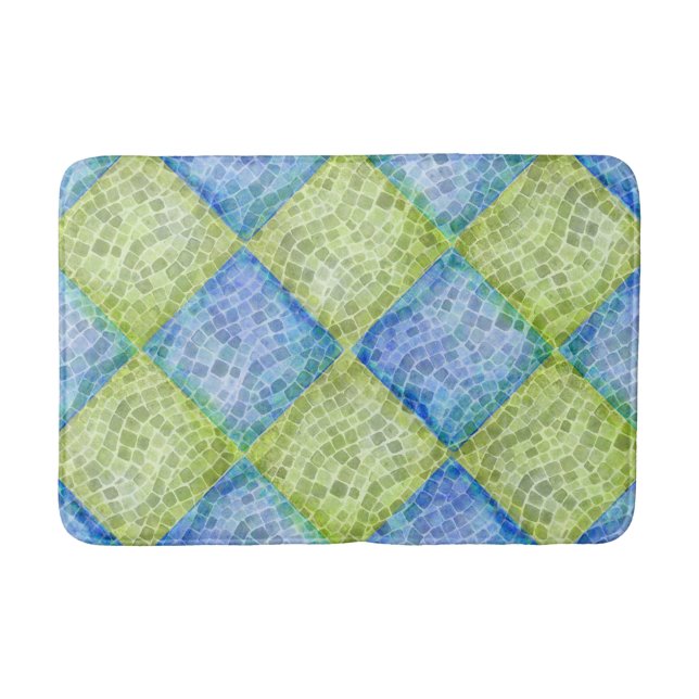 Chequerboard Mosaic Waves in Green and Blue Bath Mat (Front)