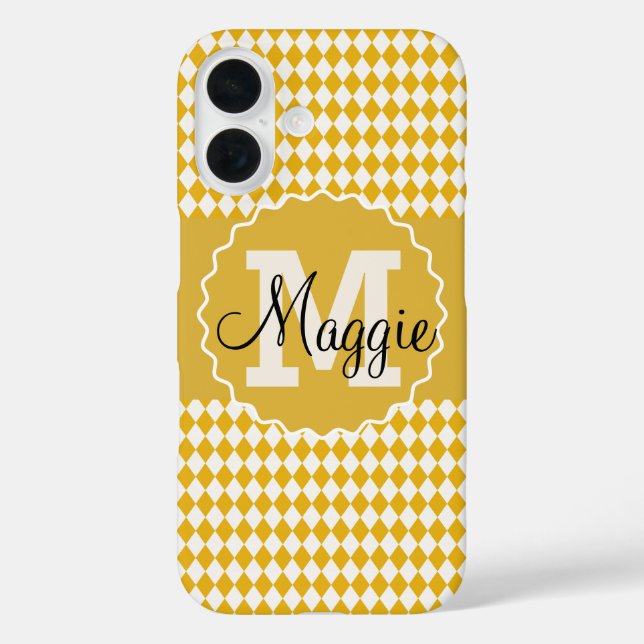 Chequerboard Mustard and Cream with Name Monogram Case-Mate iPhone Case (Back)
